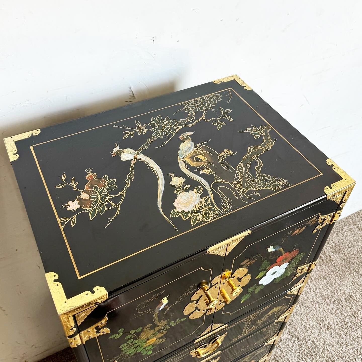 Discover the elegance of traditional Chinese artistry with this Black Lacquered Hand Painted Lingerie Chest, adorned with gold accents. Featuring intricate hand-painted designs and a rich black lacquer finish, this chest offers a luxurious blend of