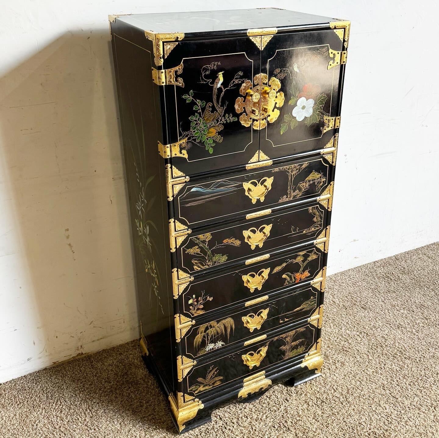 Late 20th Century Chinese Black Lacquered Hand Painted Lingerie Chest With Gold Accents