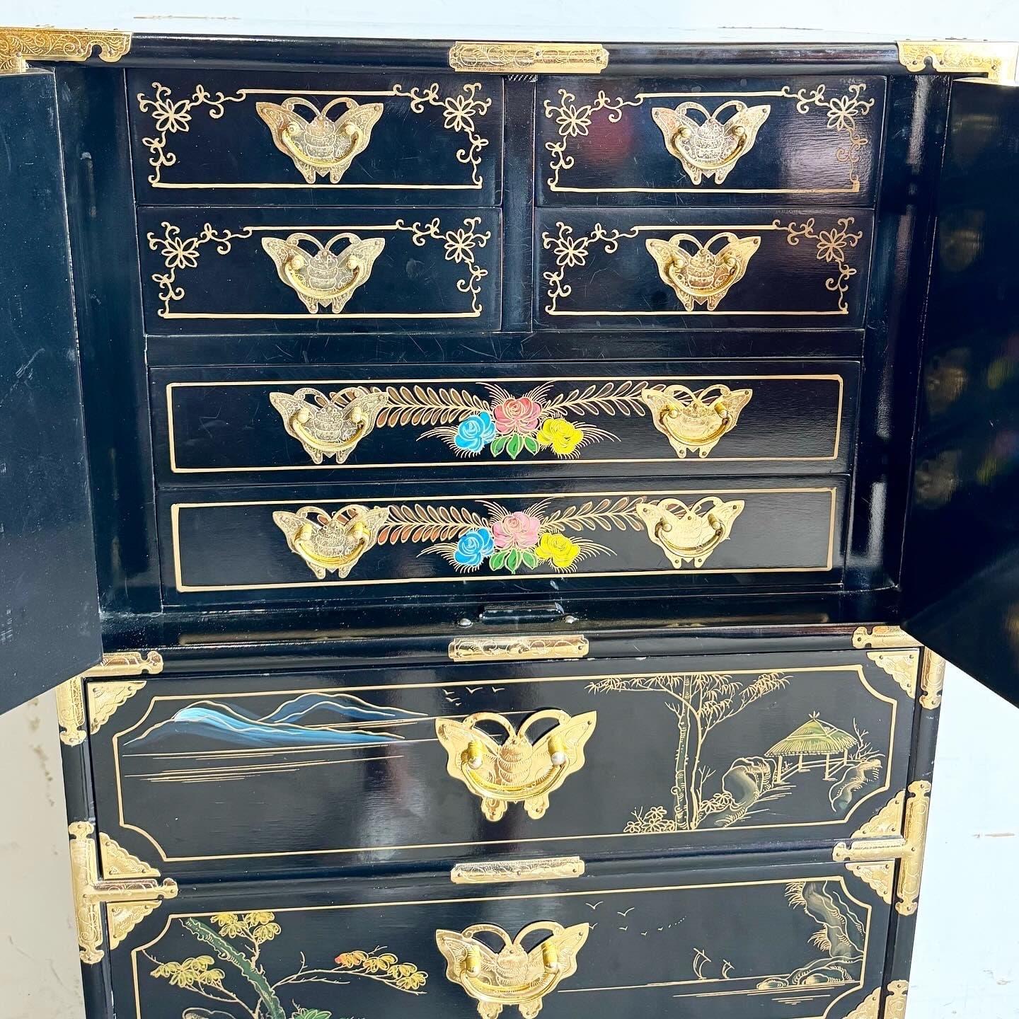 Wood Chinese Black Lacquered Hand Painted Lingerie Chest With Gold Accents
