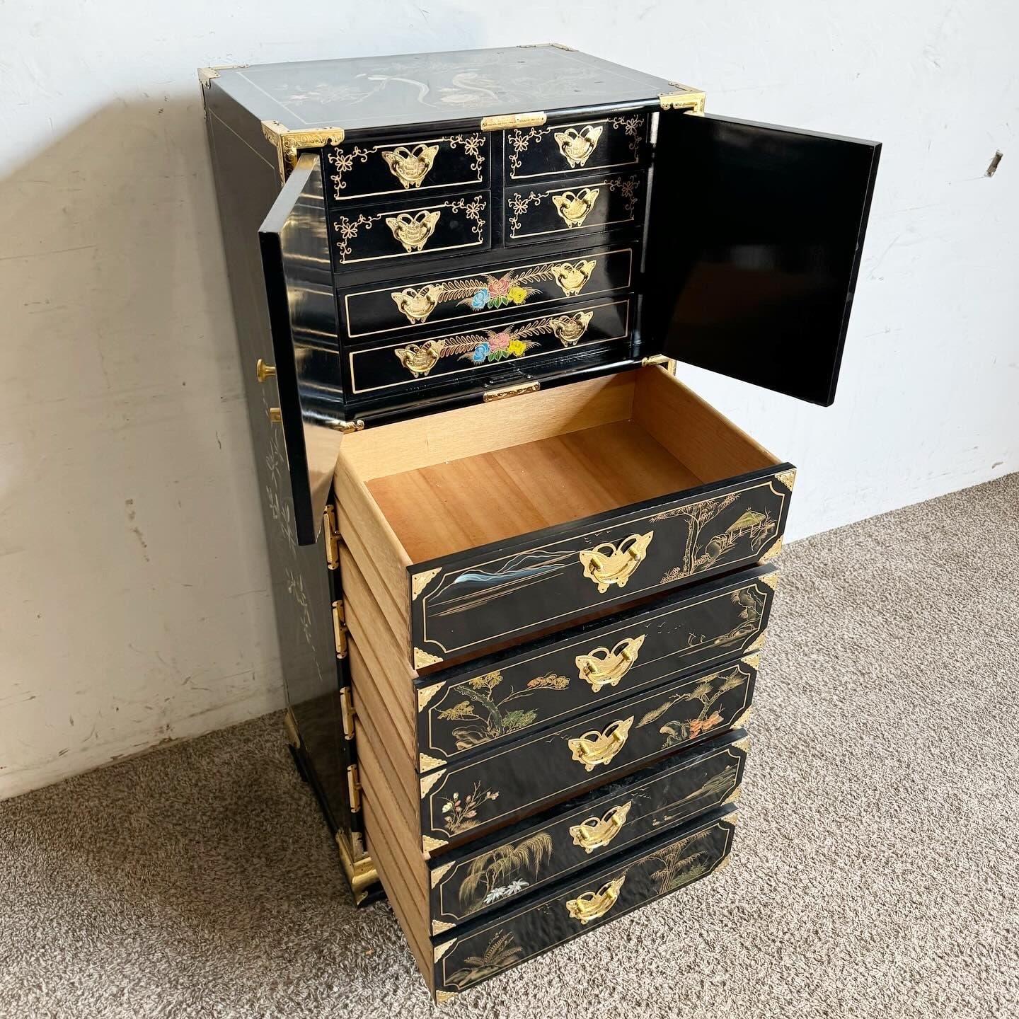 Chinese Black Lacquered Hand Painted Lingerie Chest With Gold Accents 1