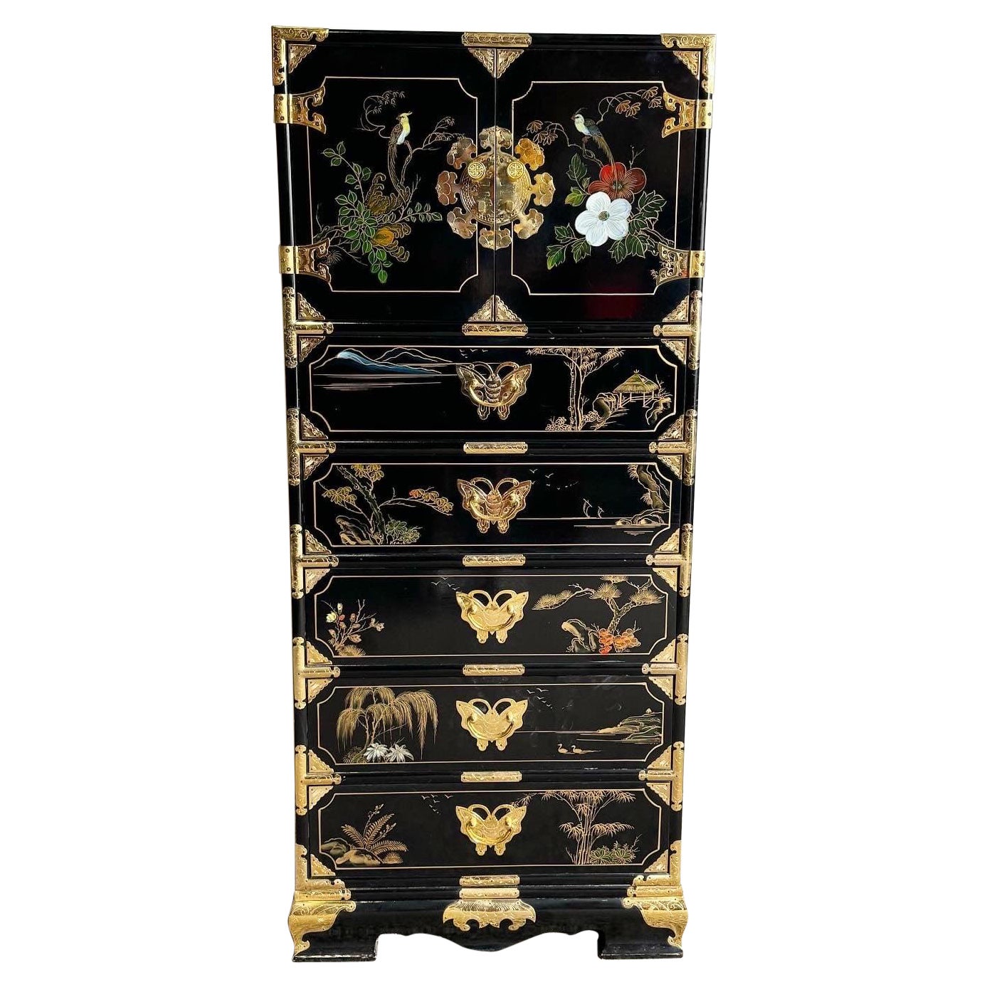 Chinese Black Lacquered Hand Painted Lingerie Chest With Gold Accents