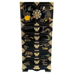 Chinese Black Lacquered Hand Painted Lingerie Chest With Gold Accents