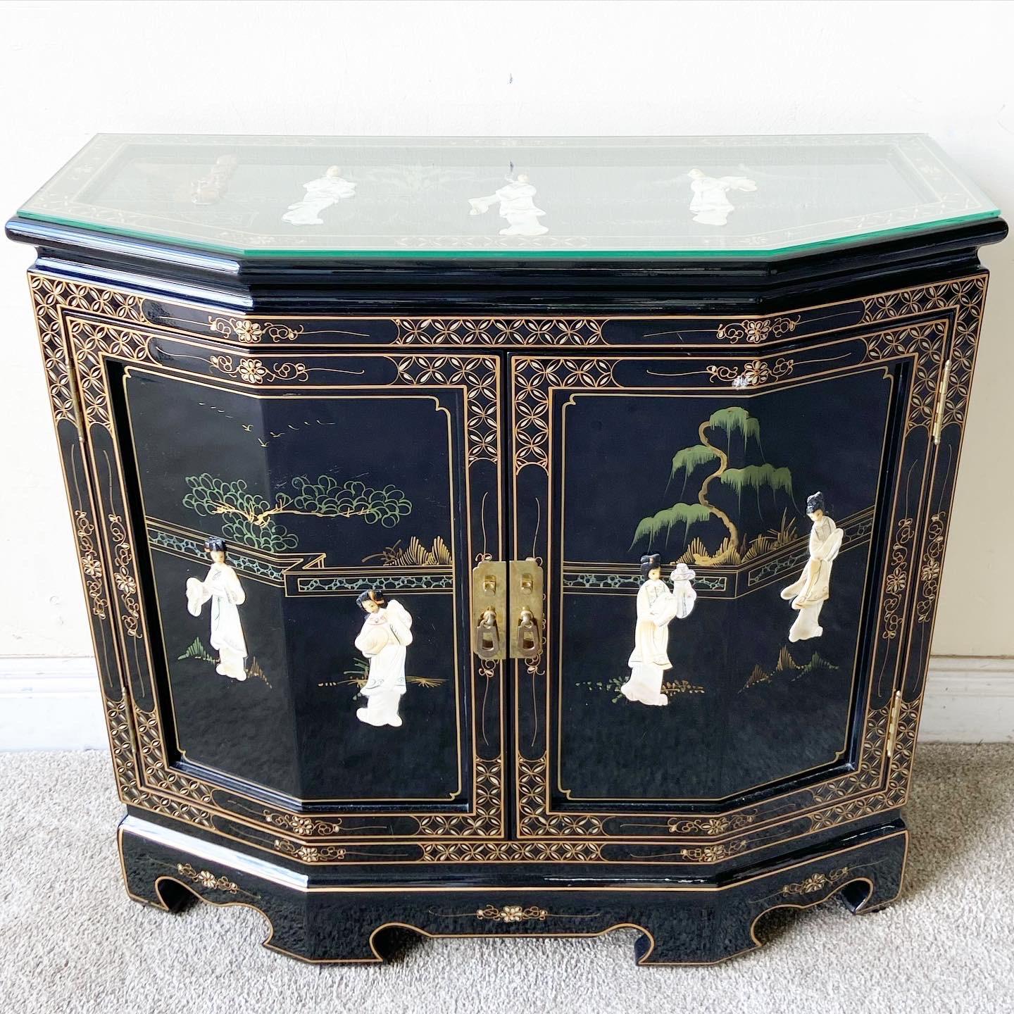Late 20th Century Chinese Black Lacquered Mother of Pearl Sideboard