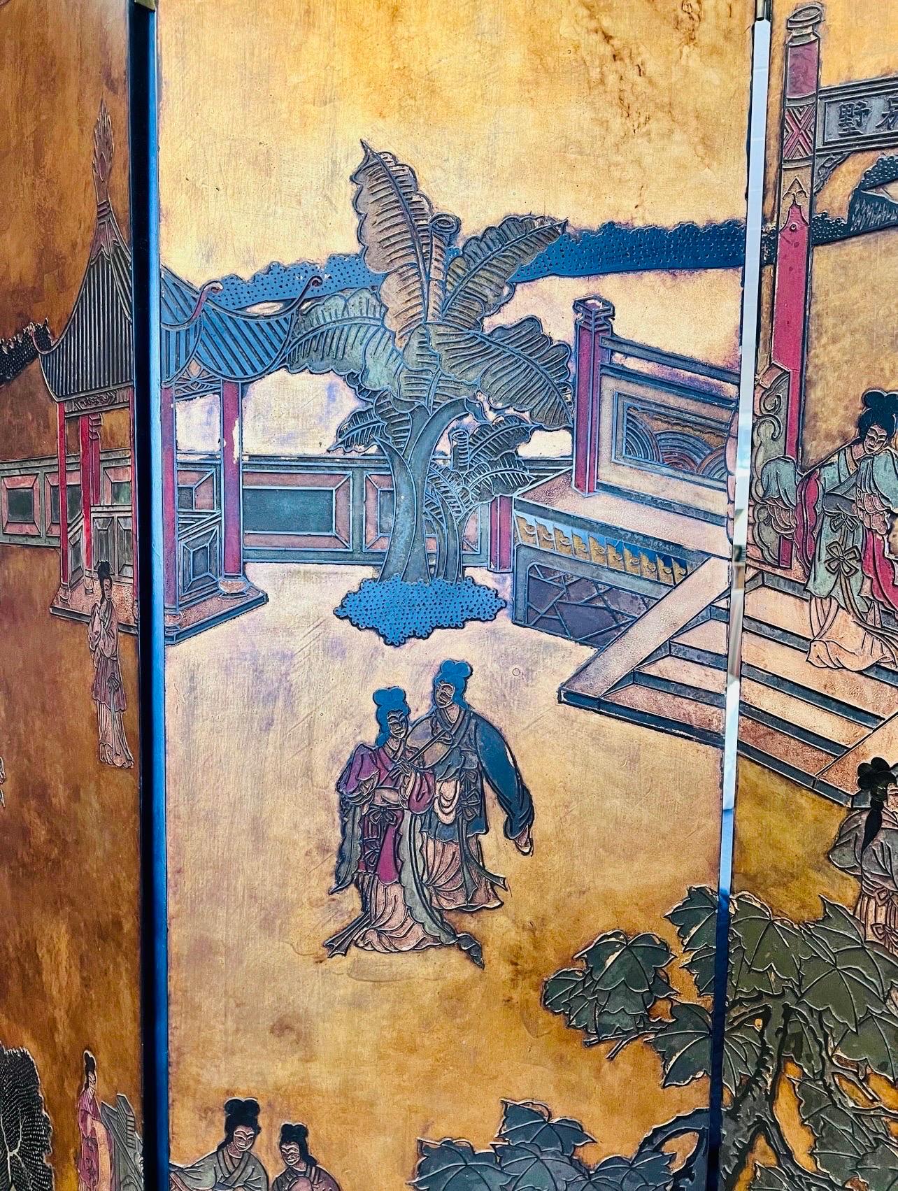 Chinese Black Lacquered Six Panel Coromandel Folding Screen Room Divider In Good Condition In West Hartford, CT