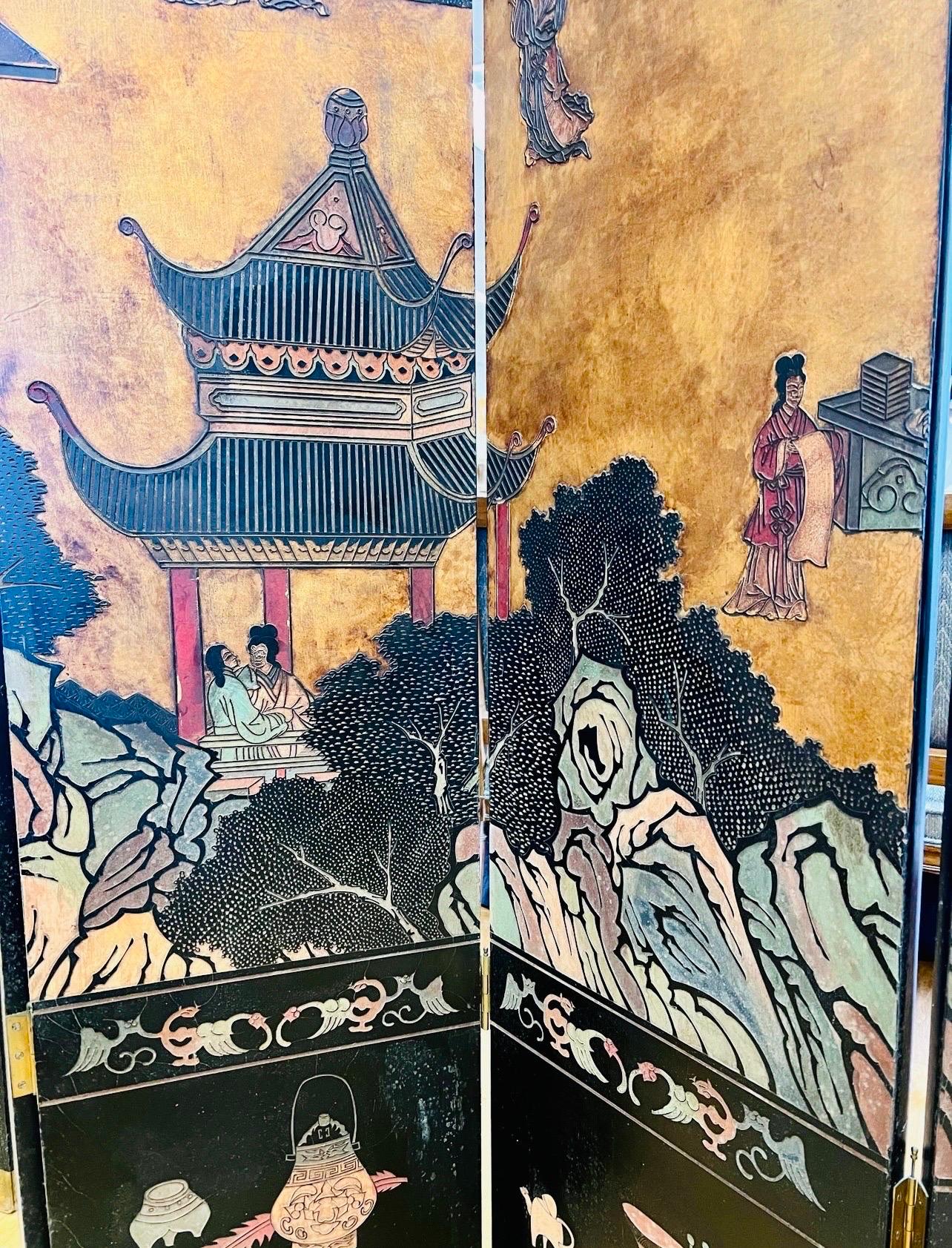 Chinesischer schwarz lackierter Coromandel-Raumteiler mit sechs Tafeln und klappbarem Raumteiler (20. Jahrhundert) im Angebot
