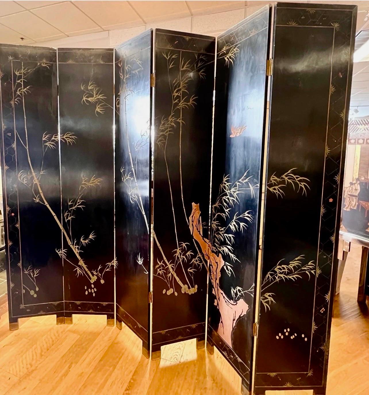 Chinese Black Lacquered Six Panel Coromandel Folding Screen Room Divider For Sale 1