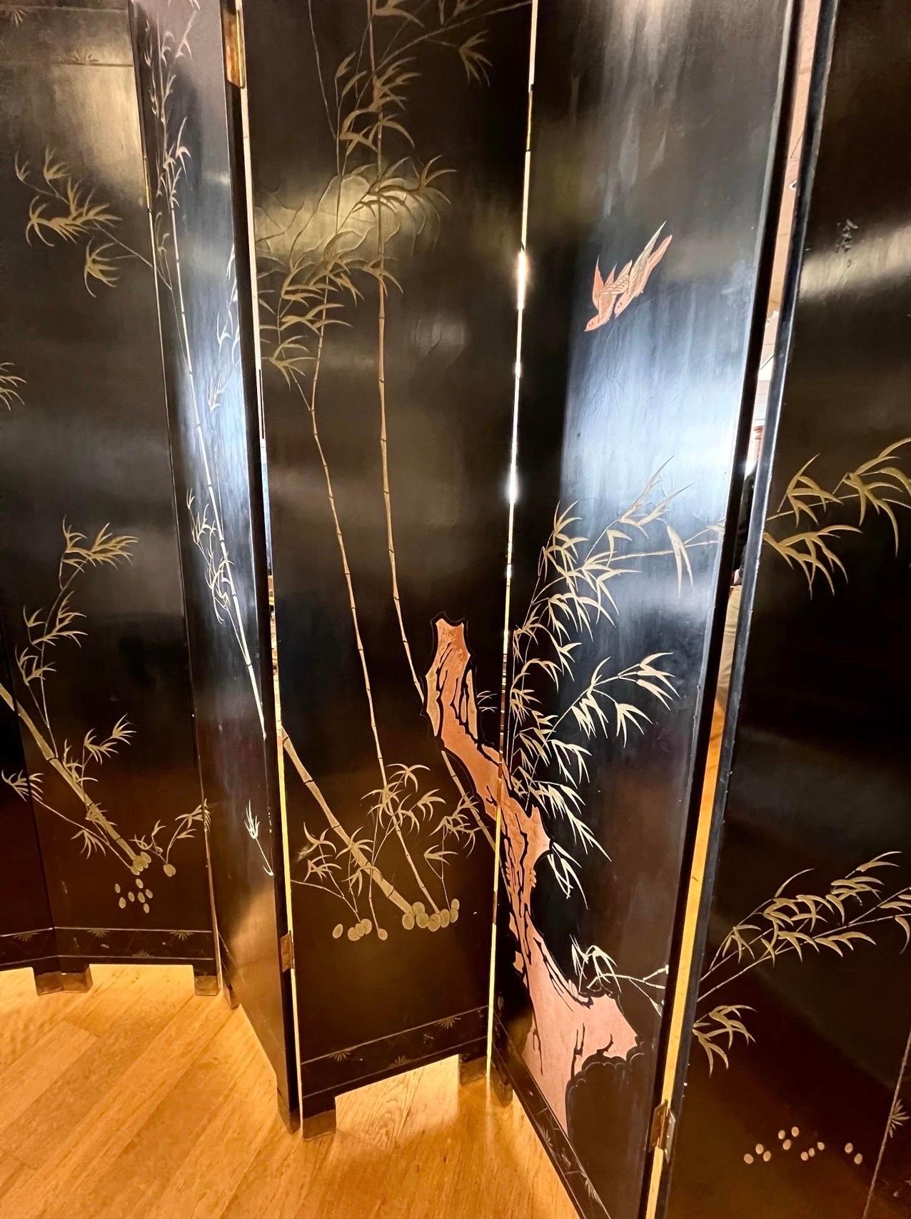 Chinese Black Lacquered Six Panel Coromandel Folding Screen Room Divider 2