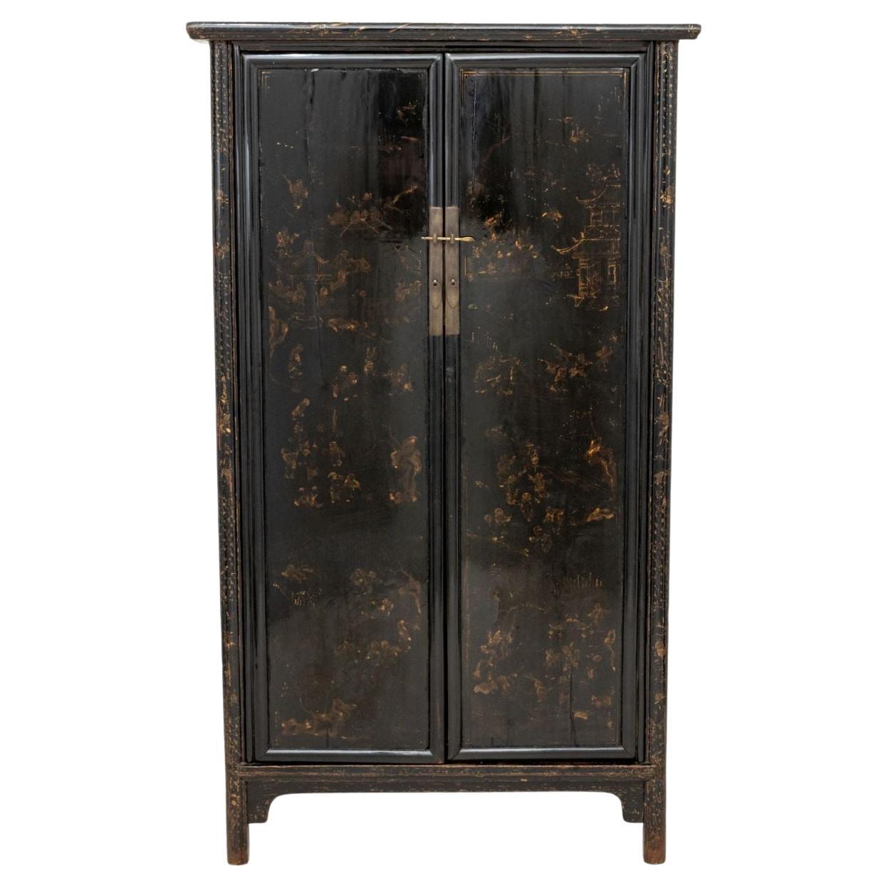 Chinese Black Lacquered Two-Door Armoire, 19th C.