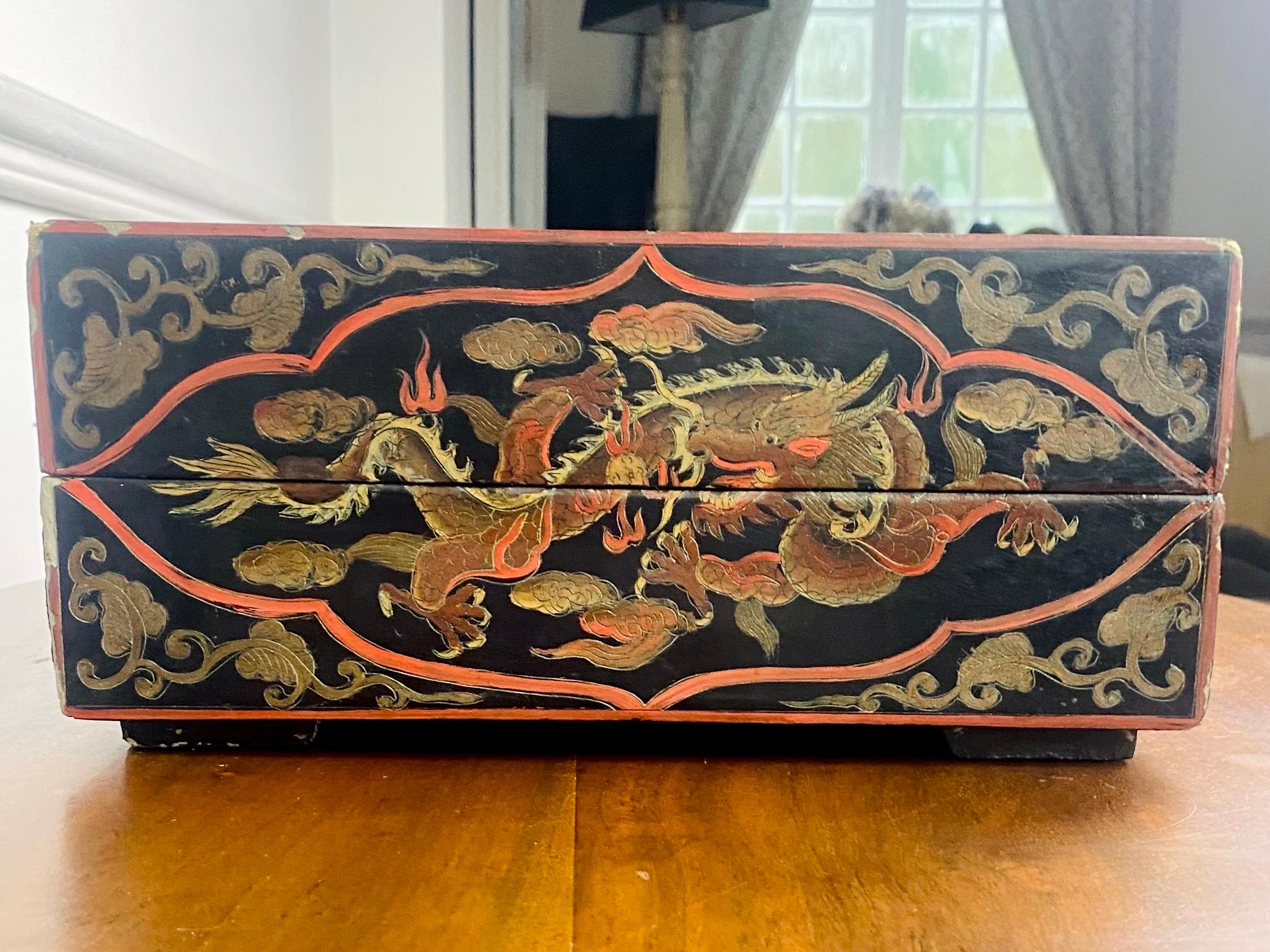 Magnificent box Imperial jewelry box in black lacquered wood decorated with dragons.
This wonderful box is lacquered on a black background with patterns painted in red, green, white and gold on the lid and around. The decoration consists of two