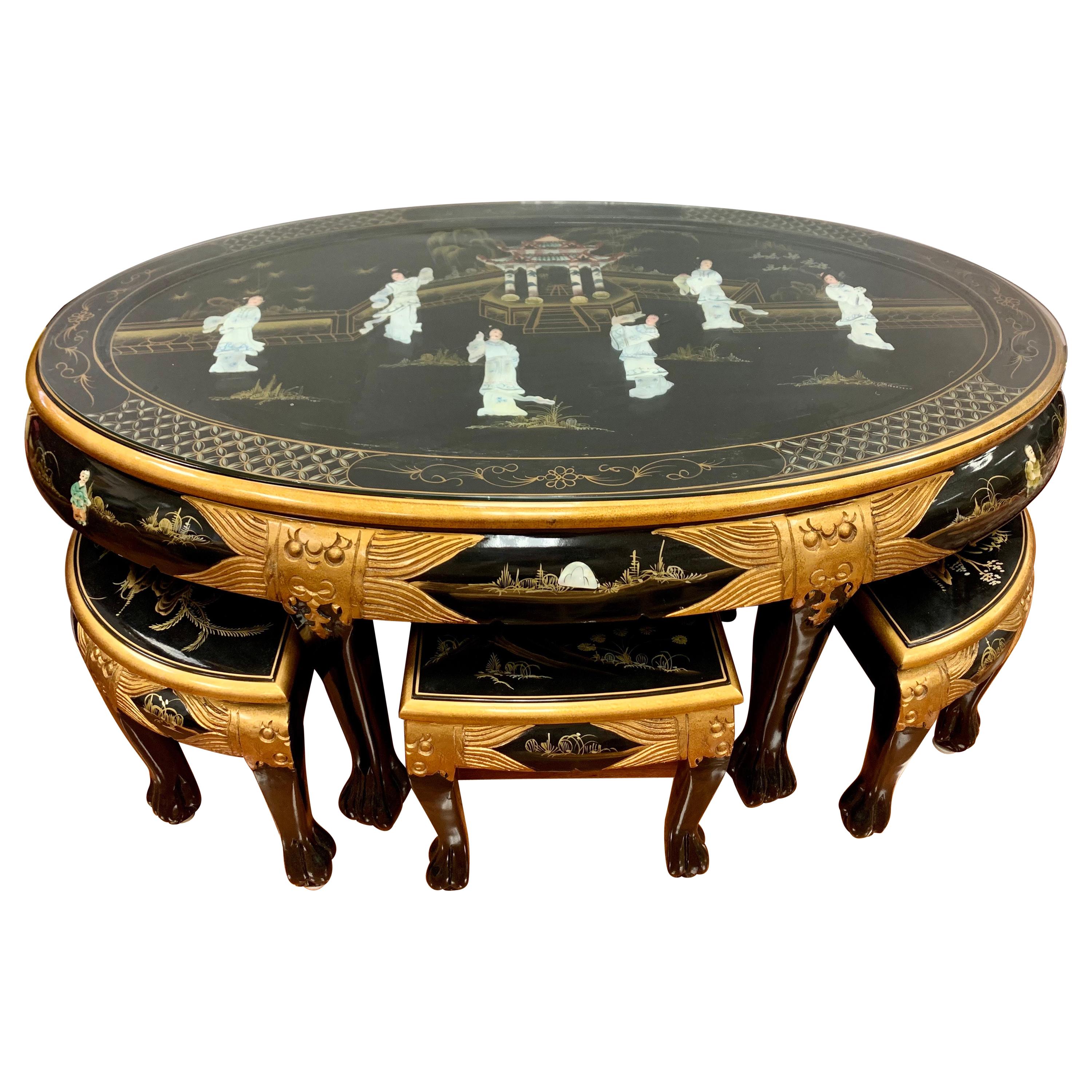 Chinese Black Laquer with Mother of Pearl 7 Pc Tea Table, 6 Stools