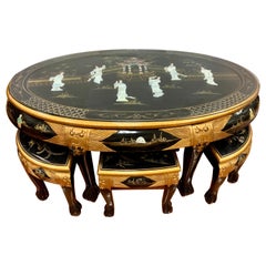 Vintage Chinese Black Laquer with Mother of Pearl 7 Pc Tea Table, 6 Stools