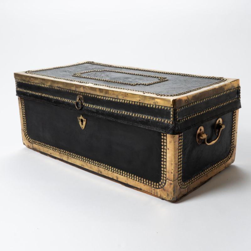 Chinese Black Leather & Brass Camphor Wood Trunk, 1820-50 For Sale 4
