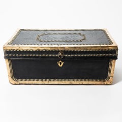 Chinese Black Leather & Brass Camphor Wood Trunk, 1820-50