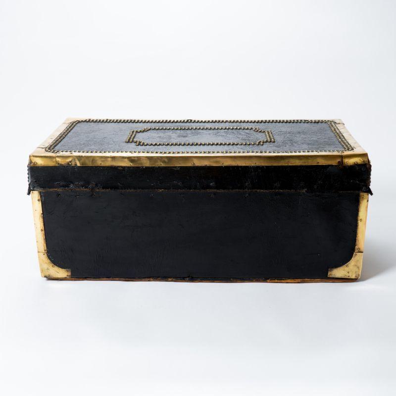 Chinese Export Chinese Black Leather & Brass Camphor Wood Trunk, 1820-50 For Sale