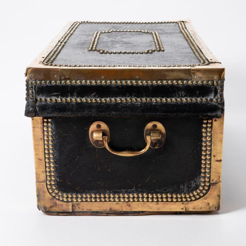 19th Century Chinese Black Leather & Brass Camphor Wood Trunk, 1820-50 For Sale