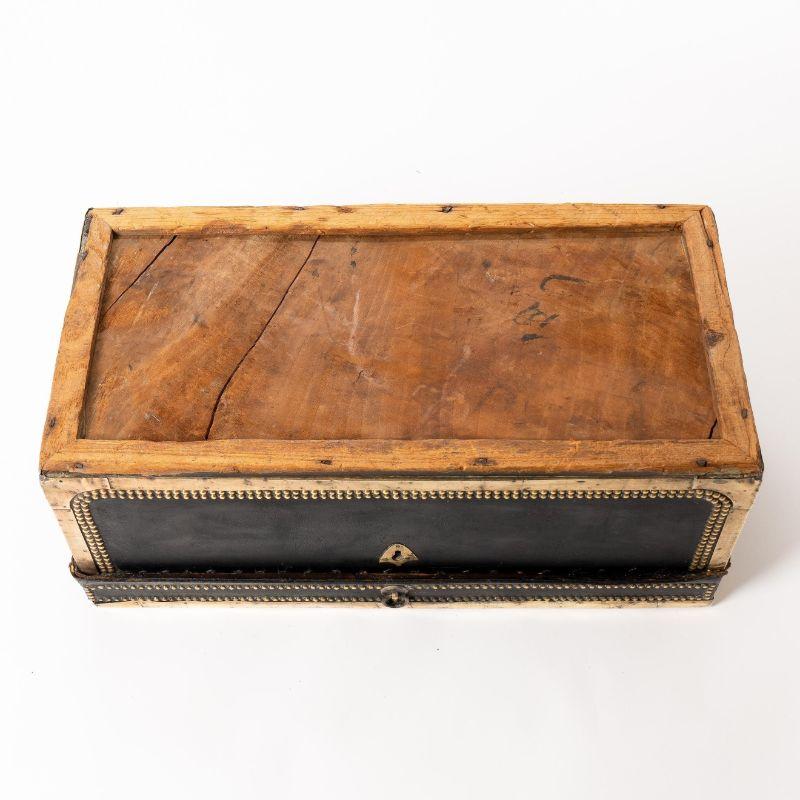 Chinese Black Leather & Brass Camphor Wood Trunk, 1820-50 For Sale 1