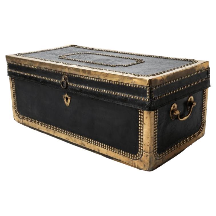 Chinese Black Leather & Brass Camphor Wood Trunk, 1820-50
