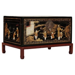 Antique Chinese Black Leather Gilded Chest on Stand