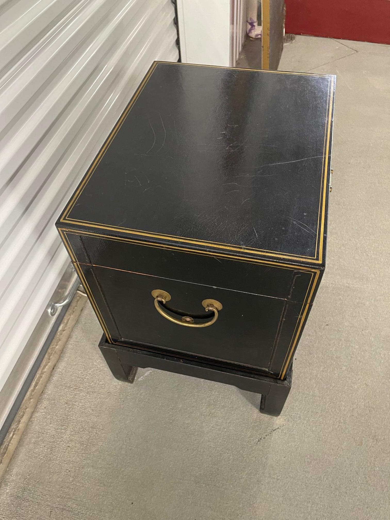 Chinese Black Leather Trunk on Stand with Brass Lock and Handles, 20th Century In Good Condition In Savannah, GA