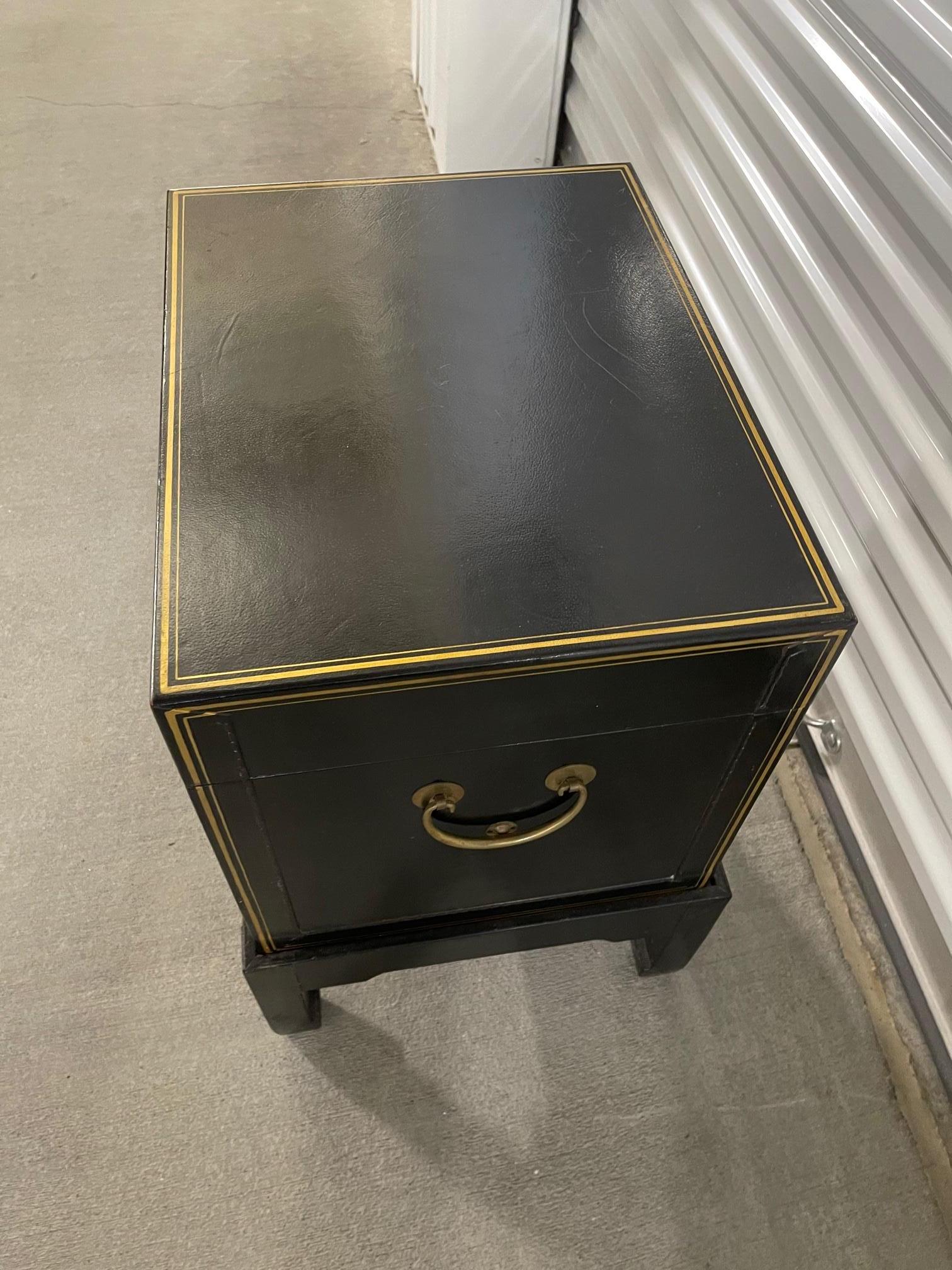 Wood Chinese Black Leather Trunk on Stand with Brass Lock and Handles, 20th Century