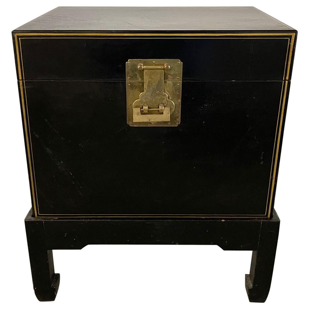Chinese Black Leather Trunk on Stand with Brass Lock and Handles, 20th Century