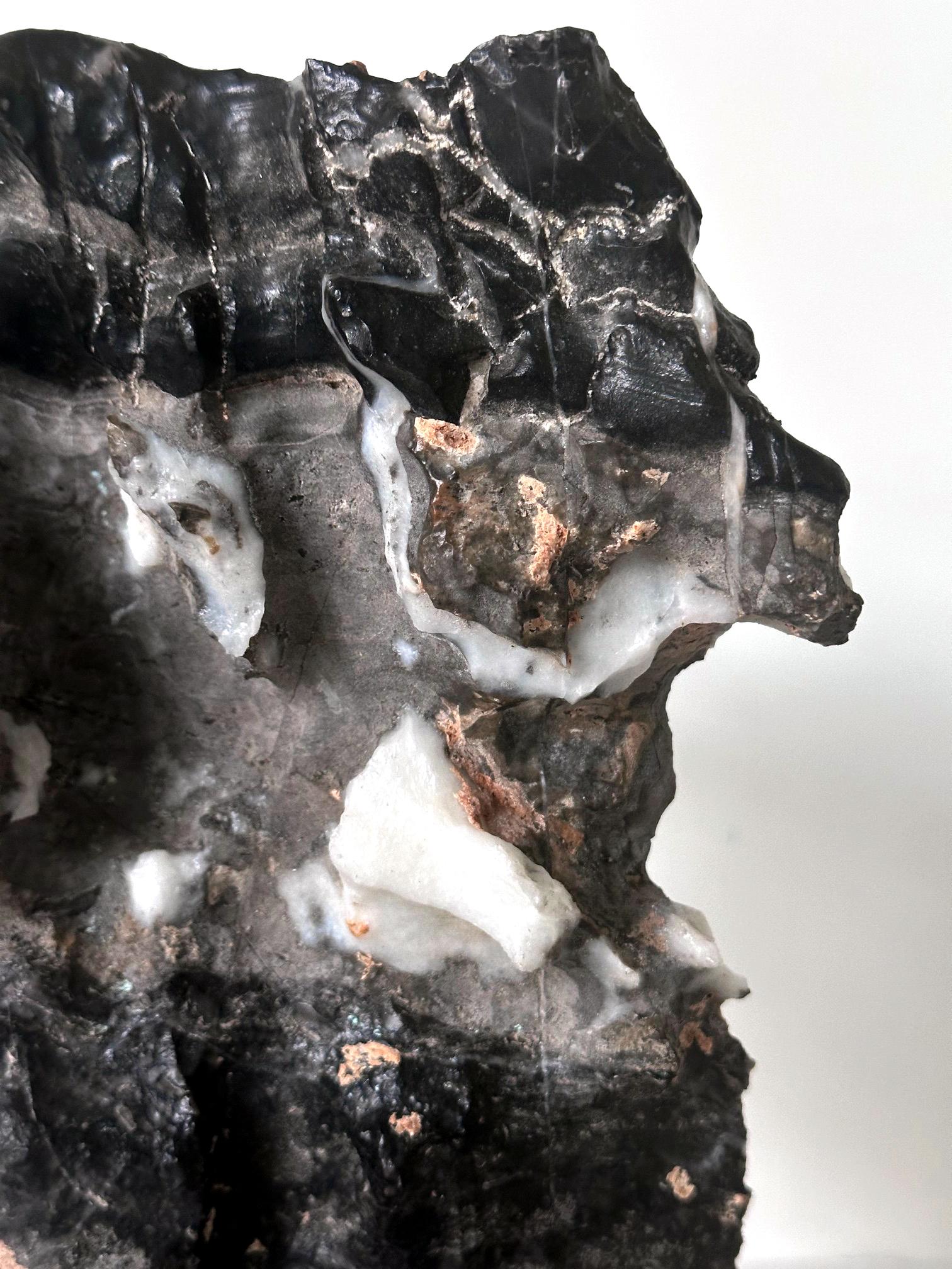 Chinese Black Lingbi Scholar Stone with White Crystal on Display Stand For Sale 5