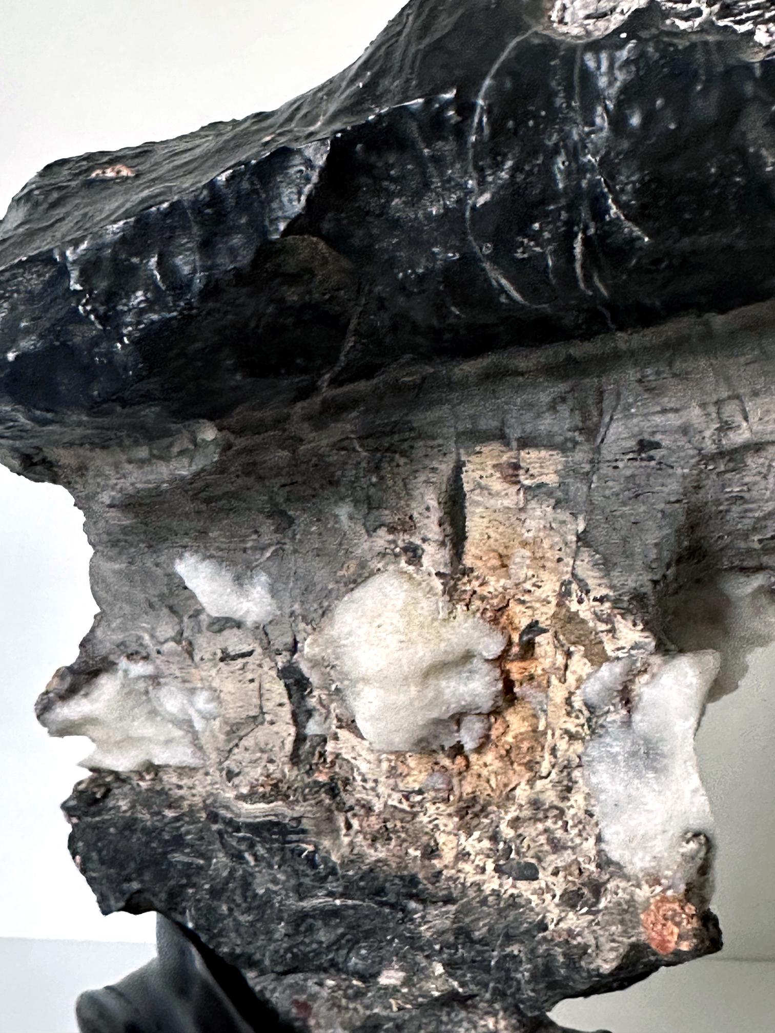 Chinese Black Lingbi Scholar Stone with White Crystal on Display Stand For Sale 7