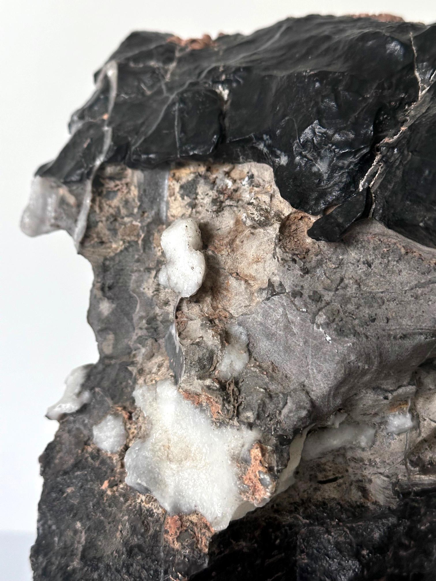 Chinese Black Lingbi Scholar Stone with White Crystal on Display Stand For Sale 8