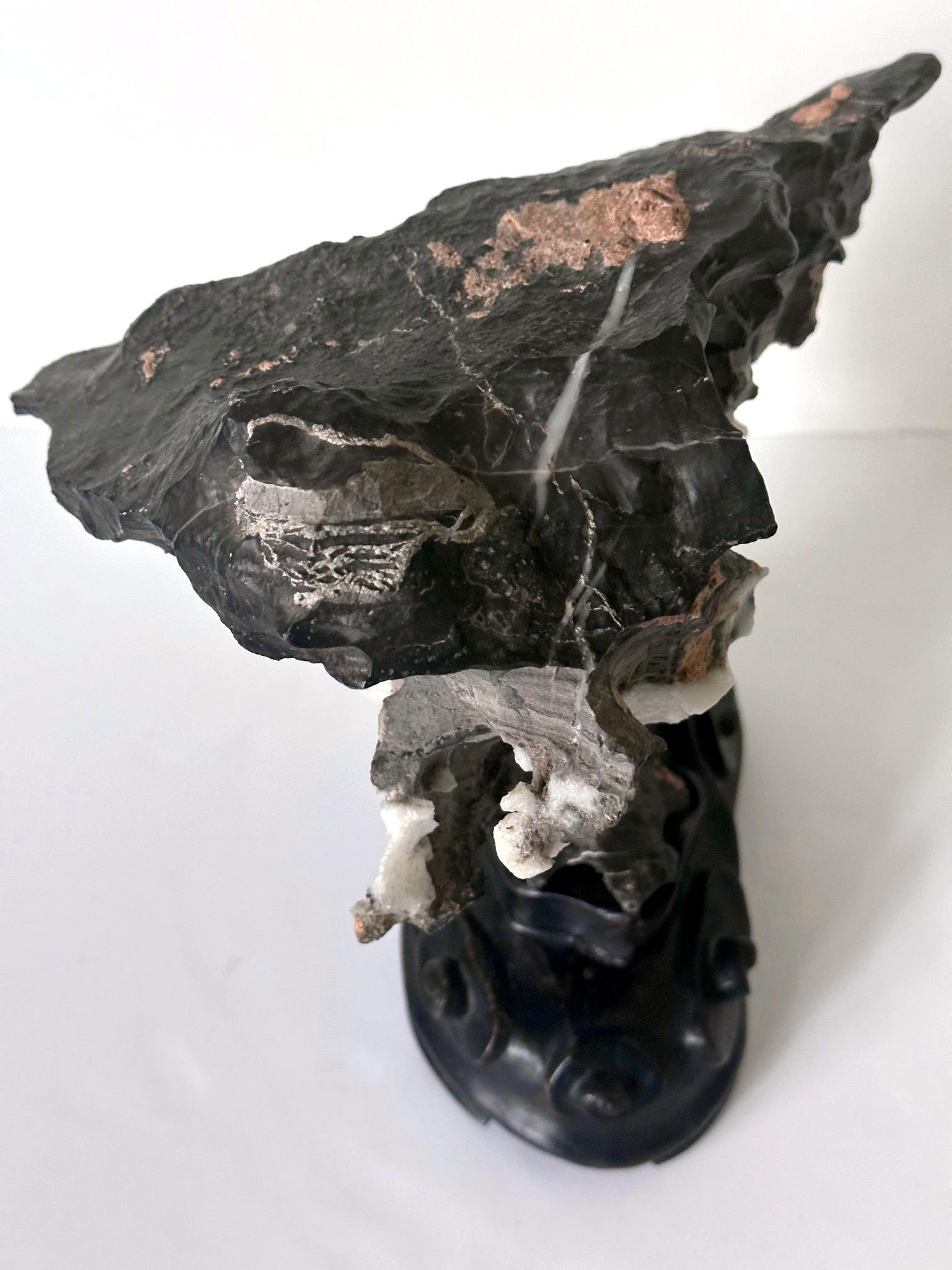 Chinese Black Lingbi Scholar Stone with White Crystal on Display Stand For Sale 10