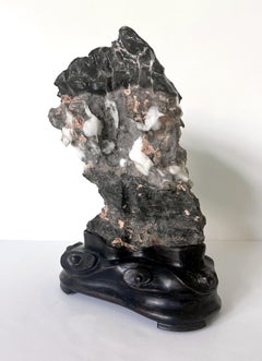 Chinese Black Lingbi Scholar Stone with White Crystal on Display Stand