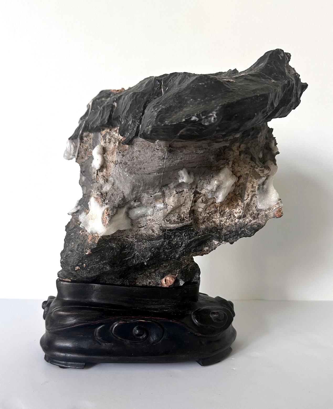 19th Century Chinese Black Lingbi Scholar Stone with White Crystal on Display Stand For Sale