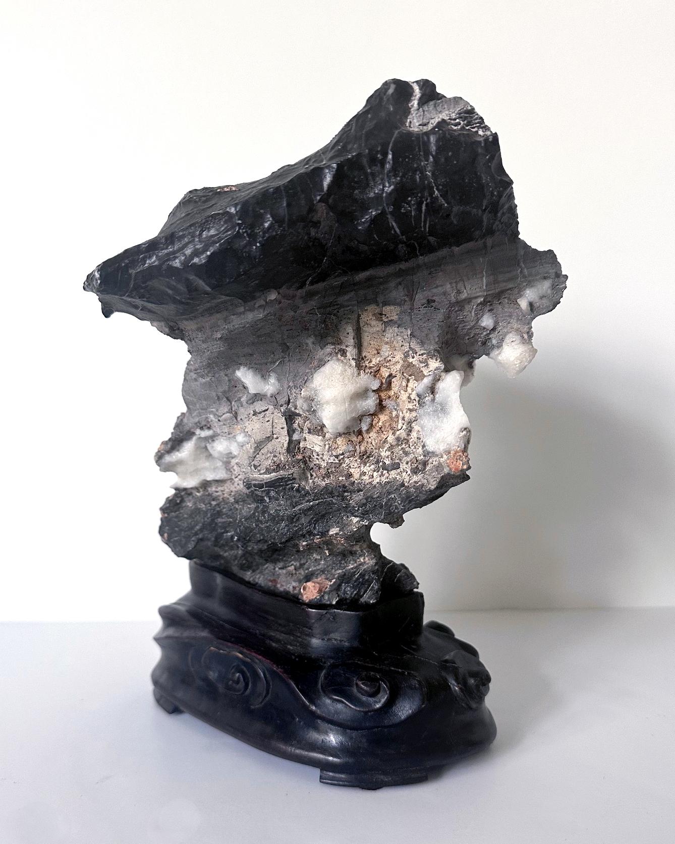 Chinese Black Lingbi Scholar Stone with White Crystal on Display Stand For Sale 1