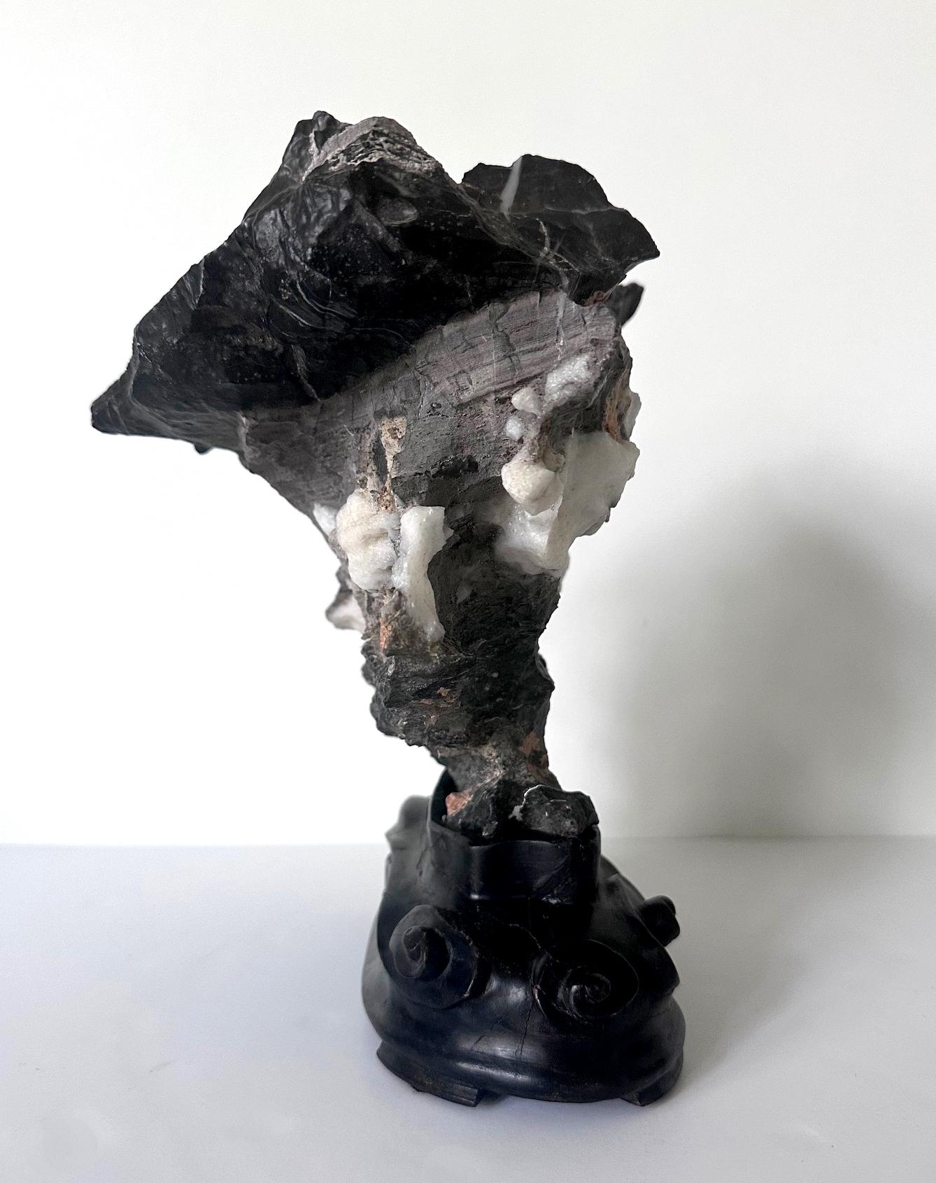 Chinese Black Lingbi Scholar Stone with White Crystal on Display Stand For Sale 2