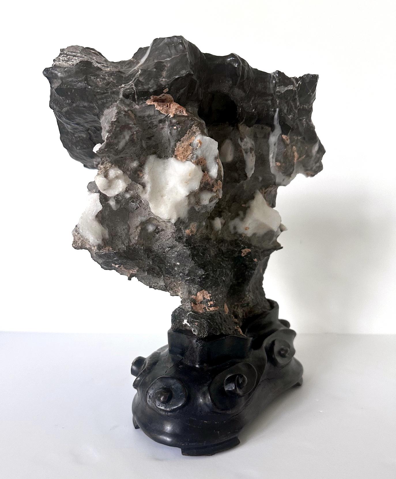 Chinese Black Lingbi Scholar Stone with White Crystal on Display Stand For Sale 3