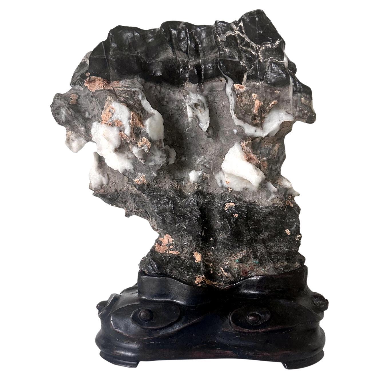 Chinese Black Lingbi Scholar Stone with White Crystal on Display Stand