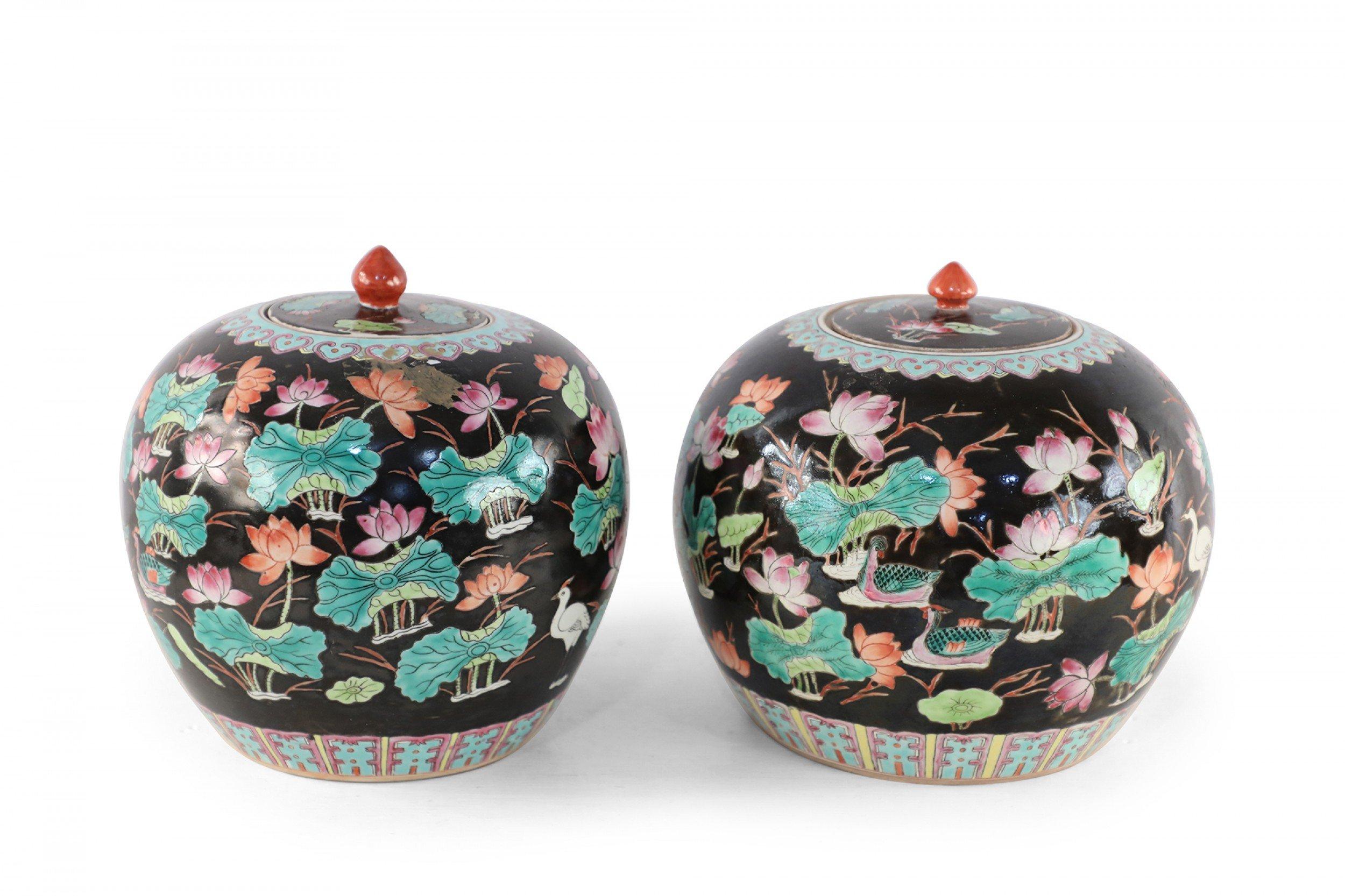 Chinese Export Chinese Black Nature Scene Motif Lidded Vases For Sale