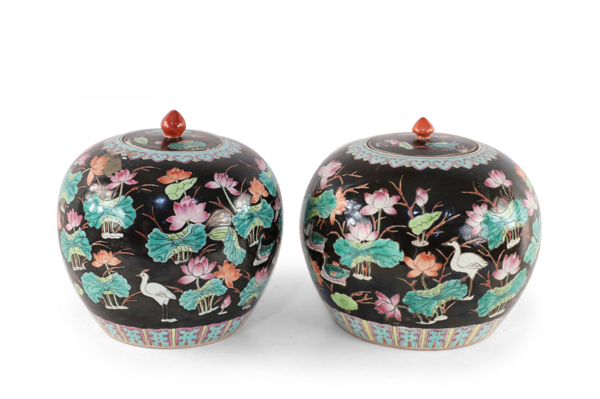 20th Century Chinese Black Nature Scene Motif Lidded Vases For Sale