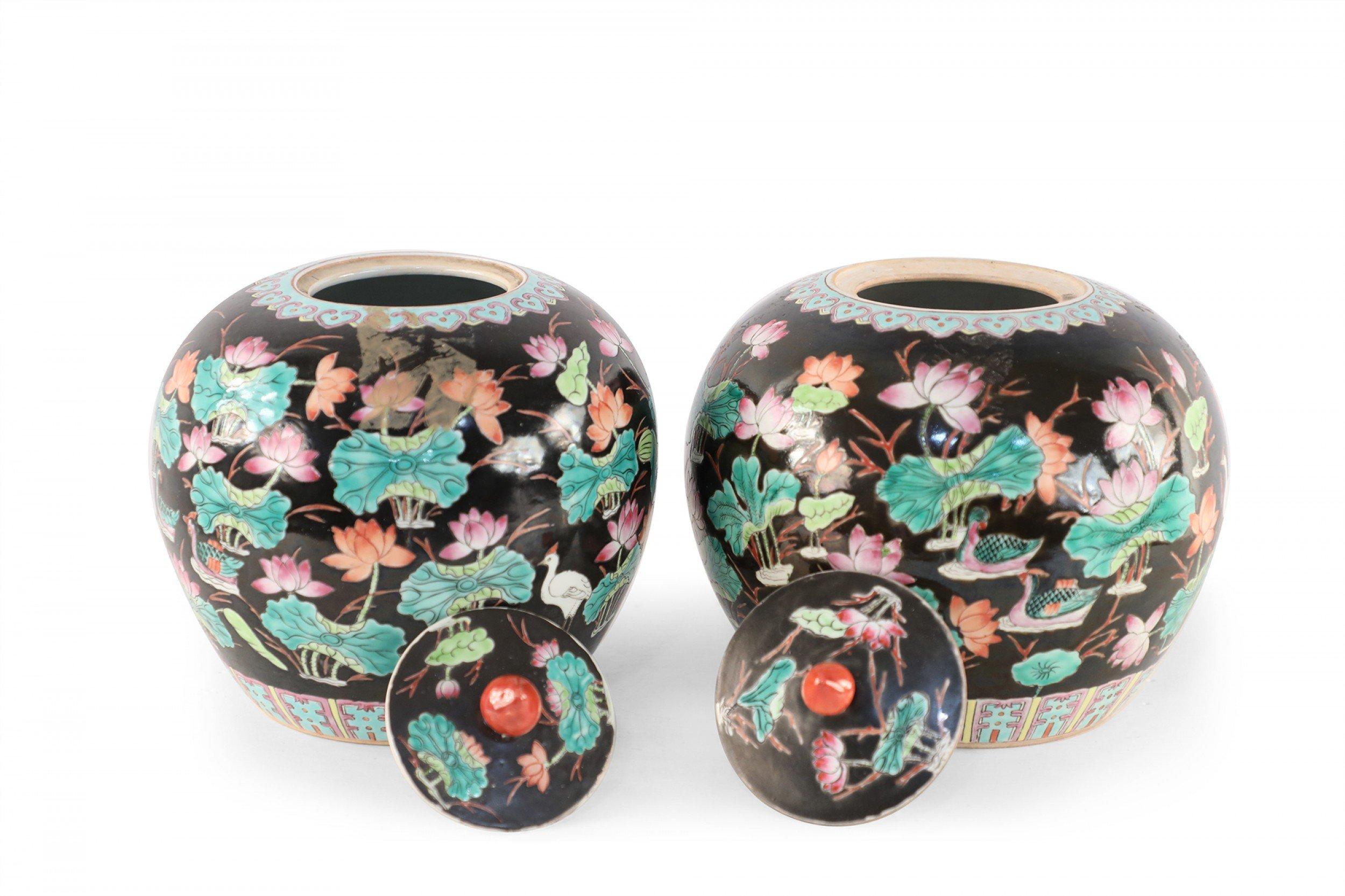 Porcelain Chinese Black Nature Scene Motif Lidded Vases For Sale