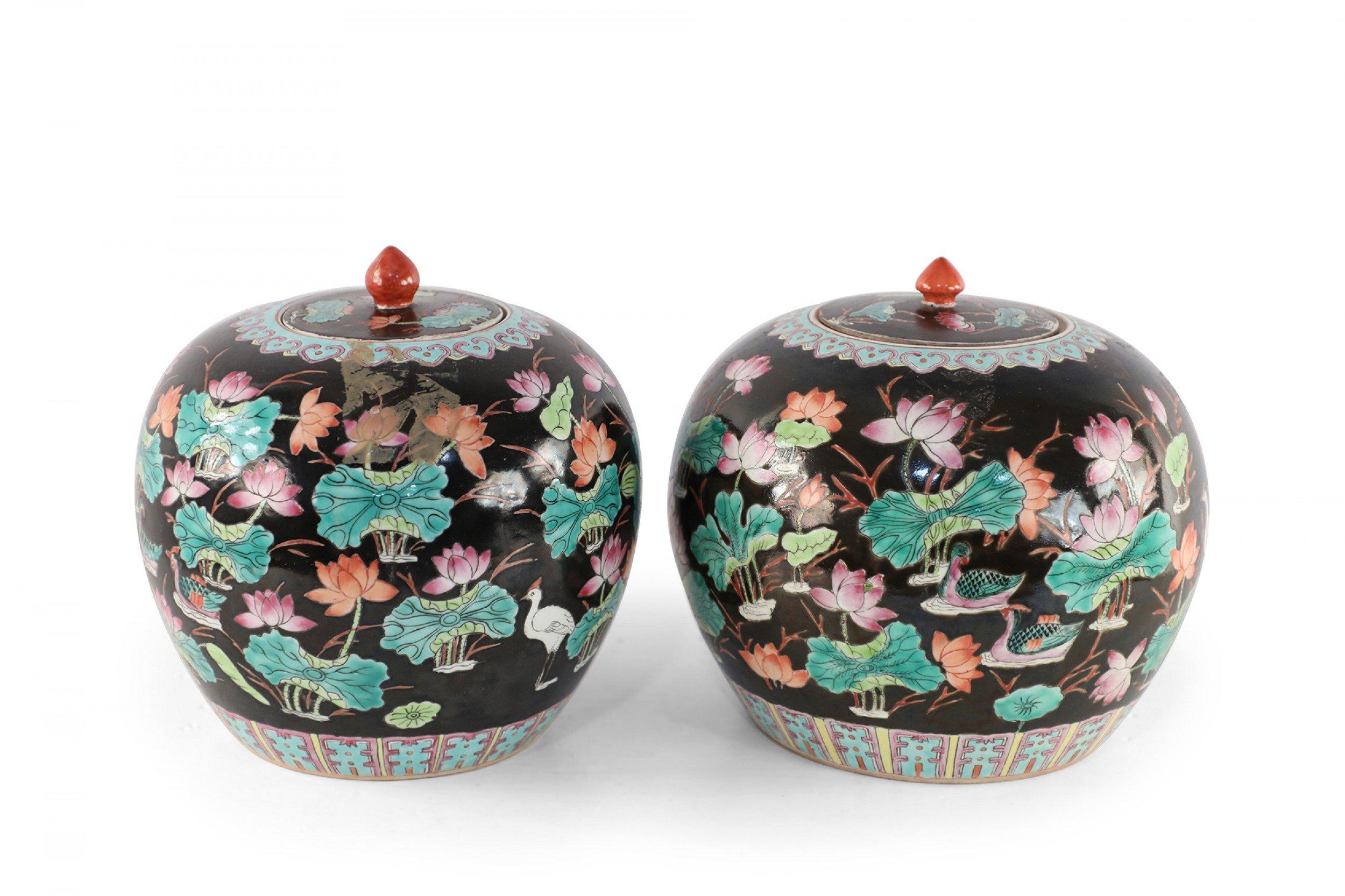 Chinese Black Nature Scene Motif Lidded Vases For Sale 1