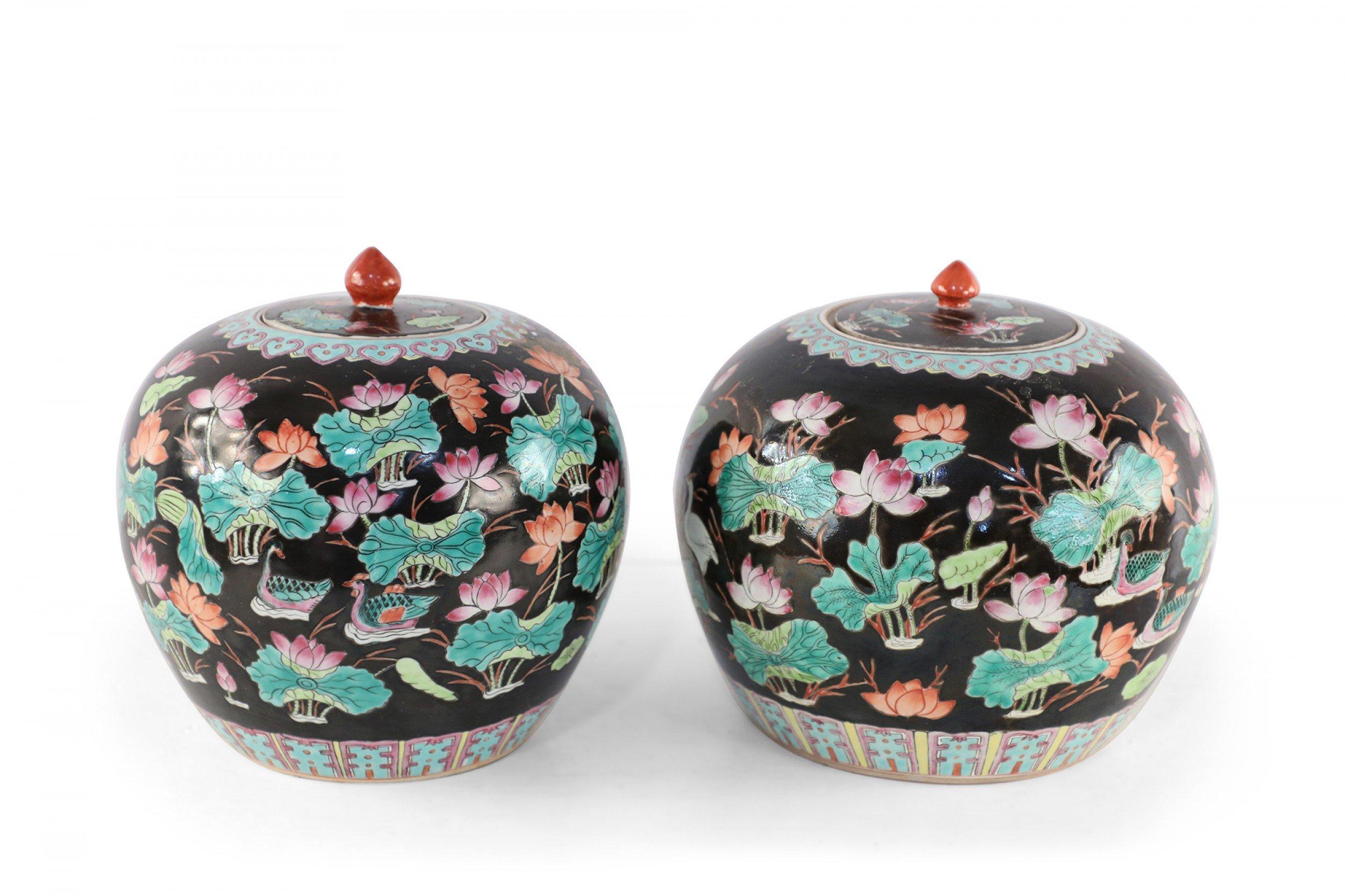 Chinese Black Nature Scene Motif Lidded Vases For Sale 2