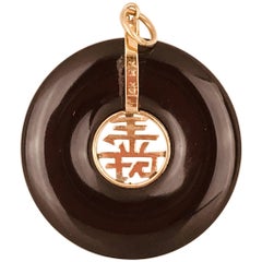 Chinese, Black Onyx Pendant with Good Luck Symbols, 14 Karat Retro HK Hallmark