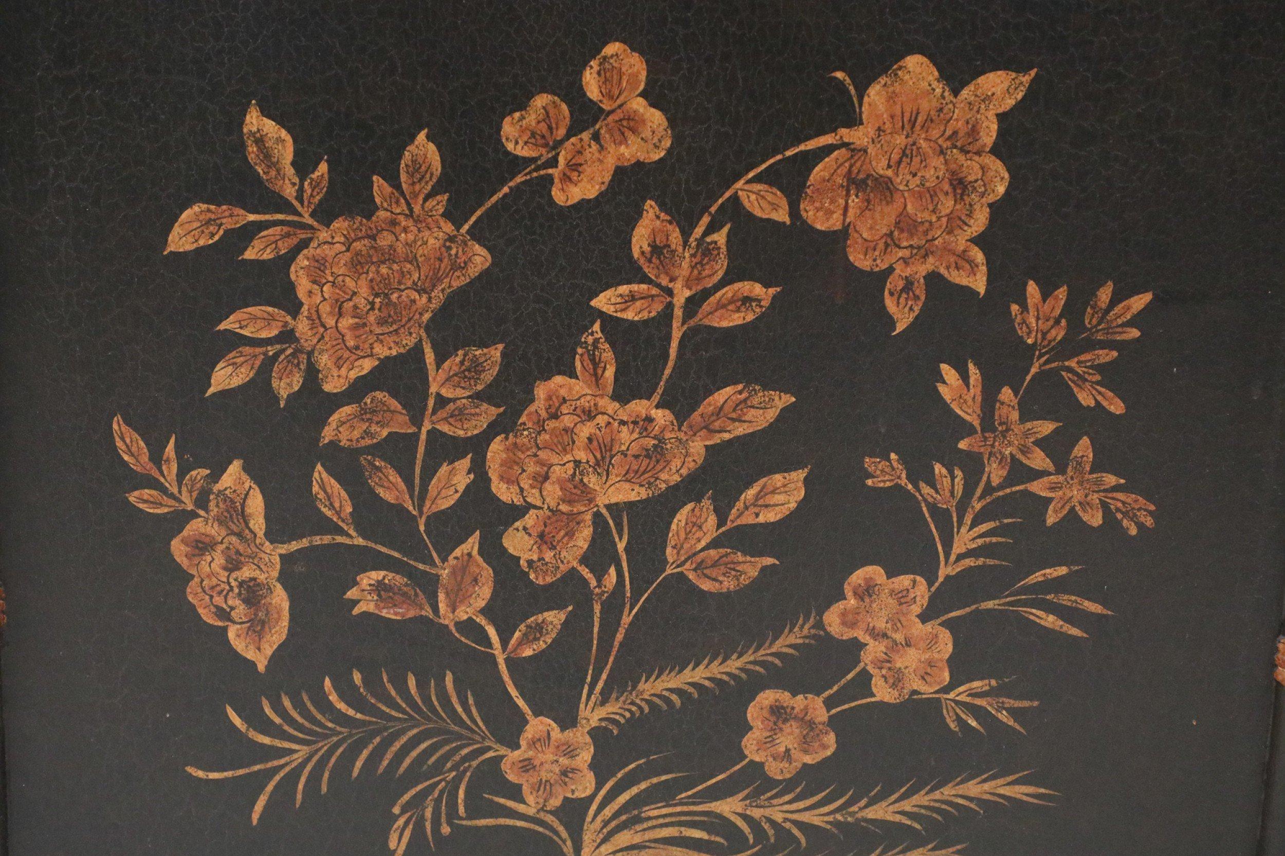 Chinese Black Painted Faux Bamboo and Gold Florals Fireplace Screen For Sale 2