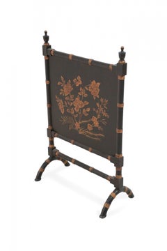 Chinese Black Painted Faux Bamboo and Gold Florals Fireplace Screen