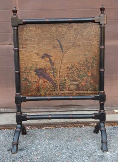 Chinese Black Painted Faux Bamboo and Gold Florals Fireplace Screen
