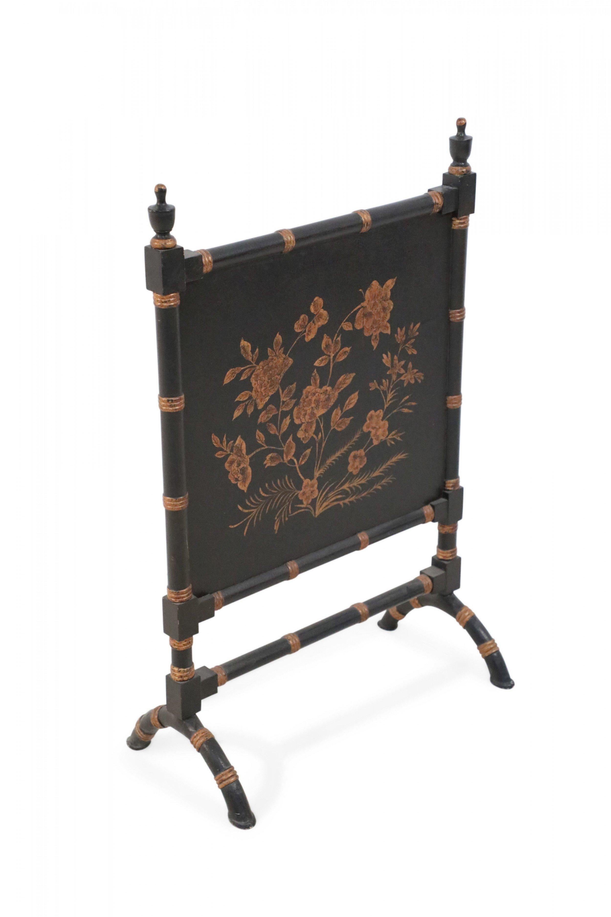 20th Century Chinese Black Painted Faux Bamboo and Gold Florals Fireplace Screen For Sale
