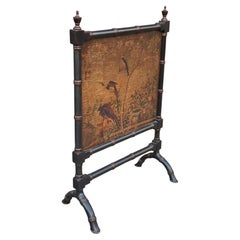 Chinese Black Painted Faux Bamboo and Gold Florals Fireplace Screen
