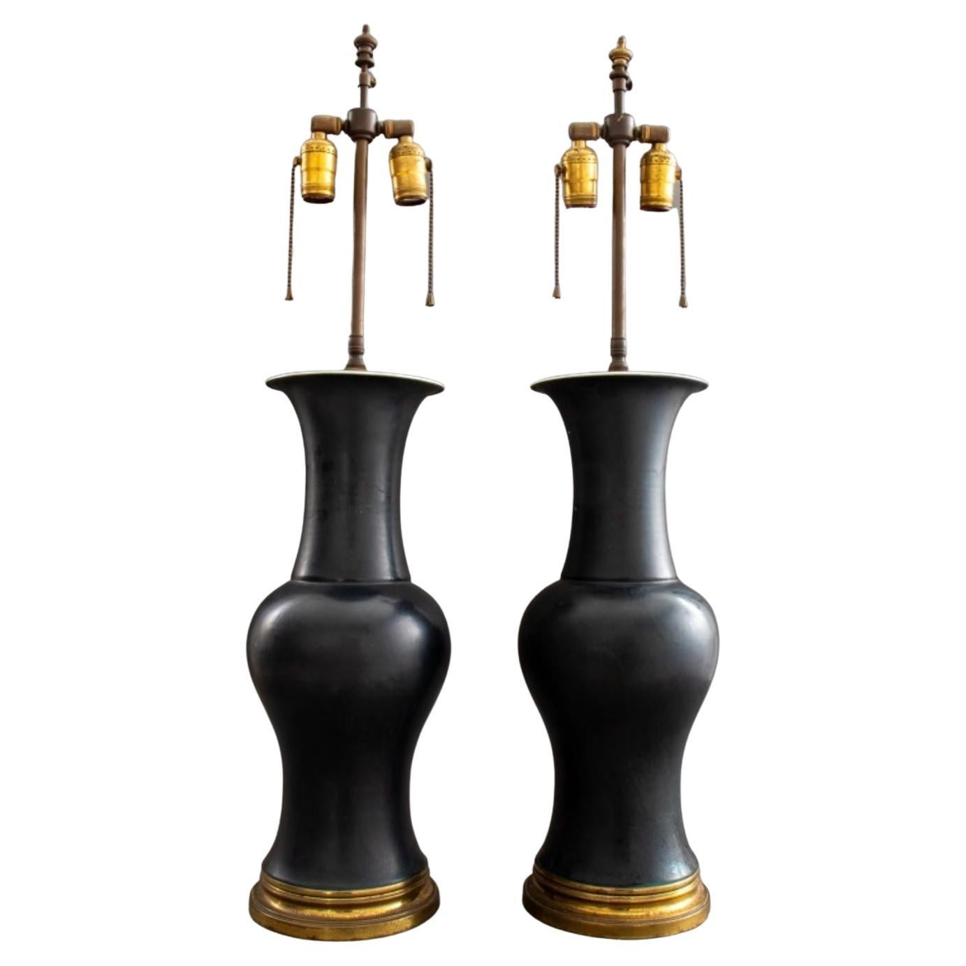 Chinese Black Porcelain Baluster Vase Lamps, Pair