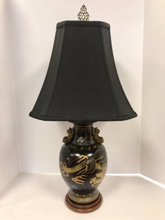 Chinese Black Porcelain Dragon Lamp with Foo Dog Handles