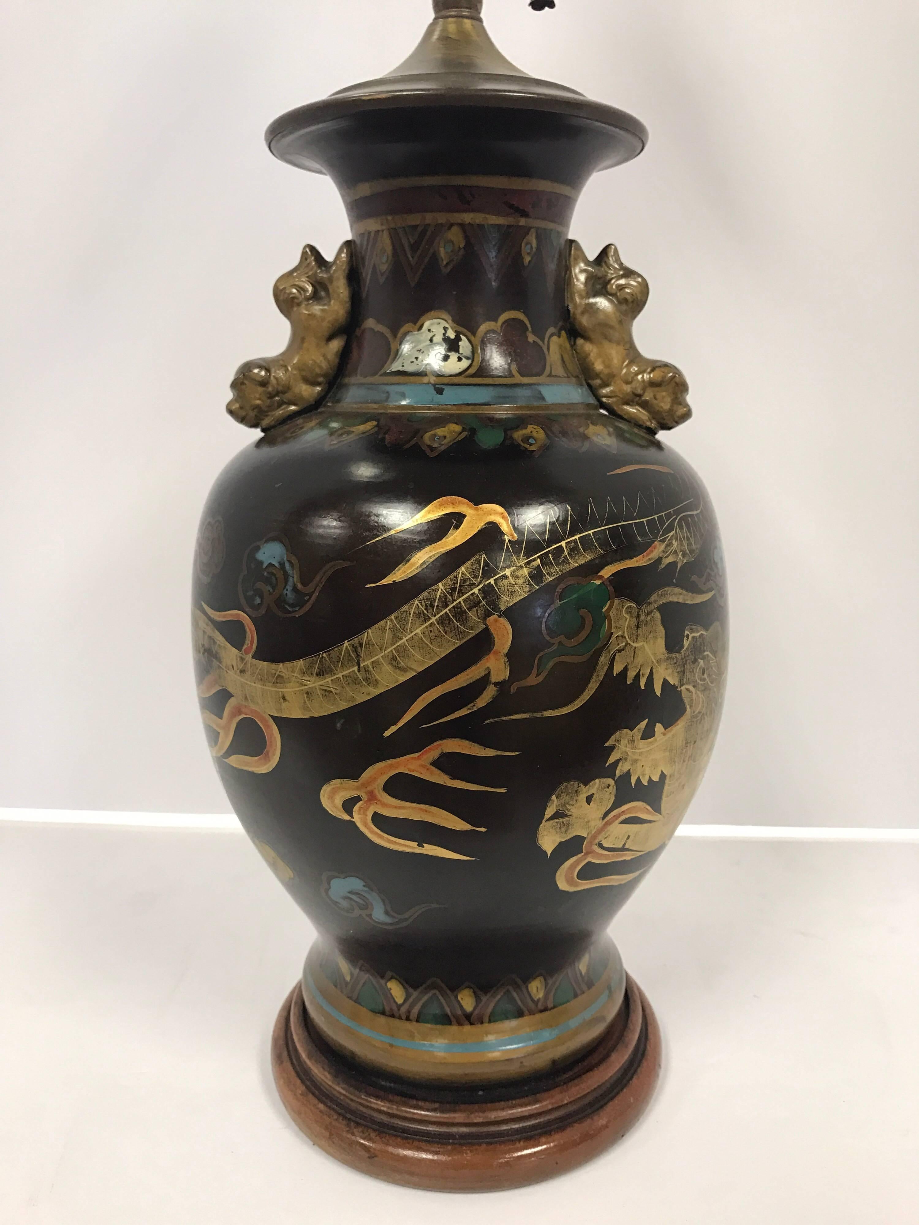 Chinese Black Porcelain Dragon Lamp with Foo Dog Handles In Excellent Condition In West Hartford, CT