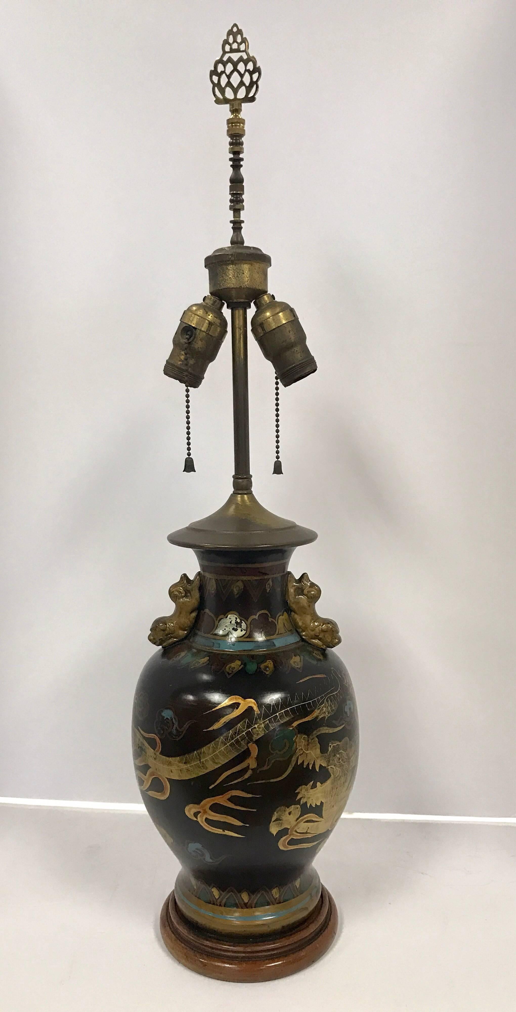 Mid-20th Century Chinese Black Porcelain Dragon Lamp with Foo Dog Handles